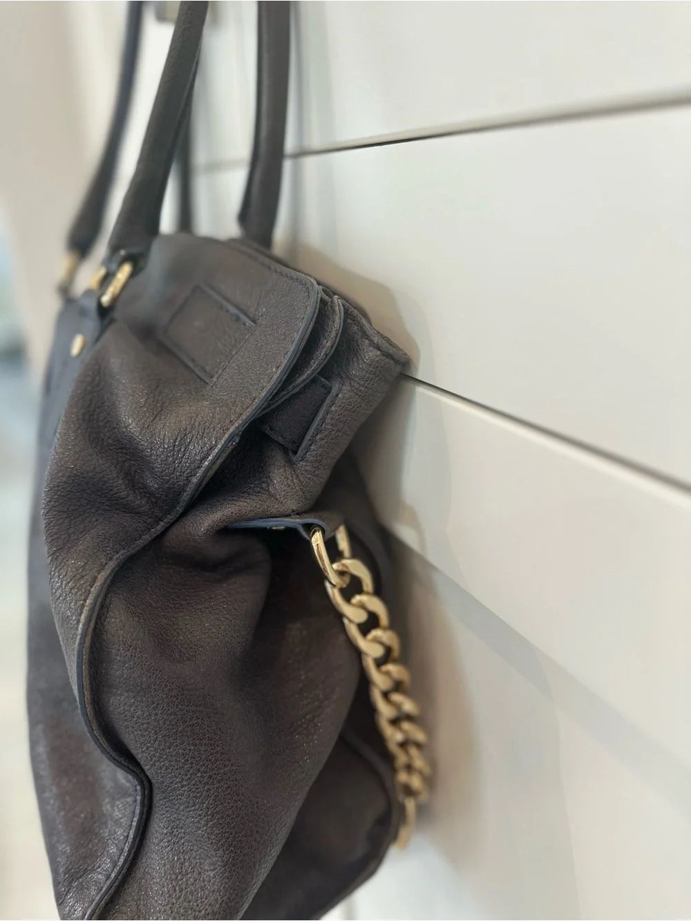 Michael Kors denim blue Leather Shoulder Tote with Gold Hardware.